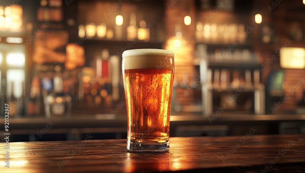 Glass of Beer on Bar Counter with Warm Lighting and Blurry Background Glass of Beer on Bar Counter with Warm Lighting and Blurry Background