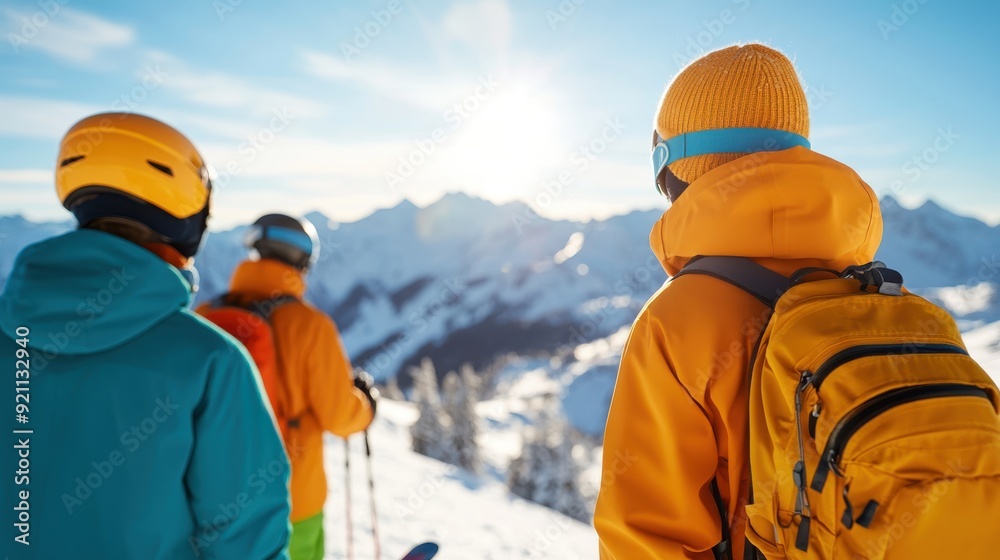 custom made wallpaper toronto digitalThree skiers dressed in colorful winter attire standing together on the summit of a snowy mountain, enjoying the sunny landscape and preparing for a thrilling descent.