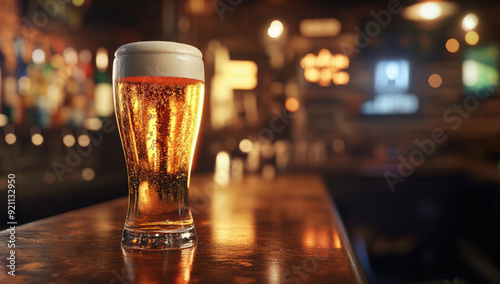 Fototapeta Naklejka Na Ścianę i Meble -  Glass of Beer on Bar Counter with Warm Lighting and Blurry Background