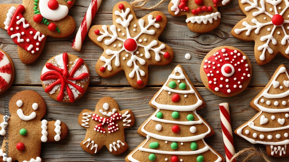 A wooden table topped with Christmas cookies and each cookie adorned with white icing A wooden table topped with Christmas cookies and each cookie adorned with white icing