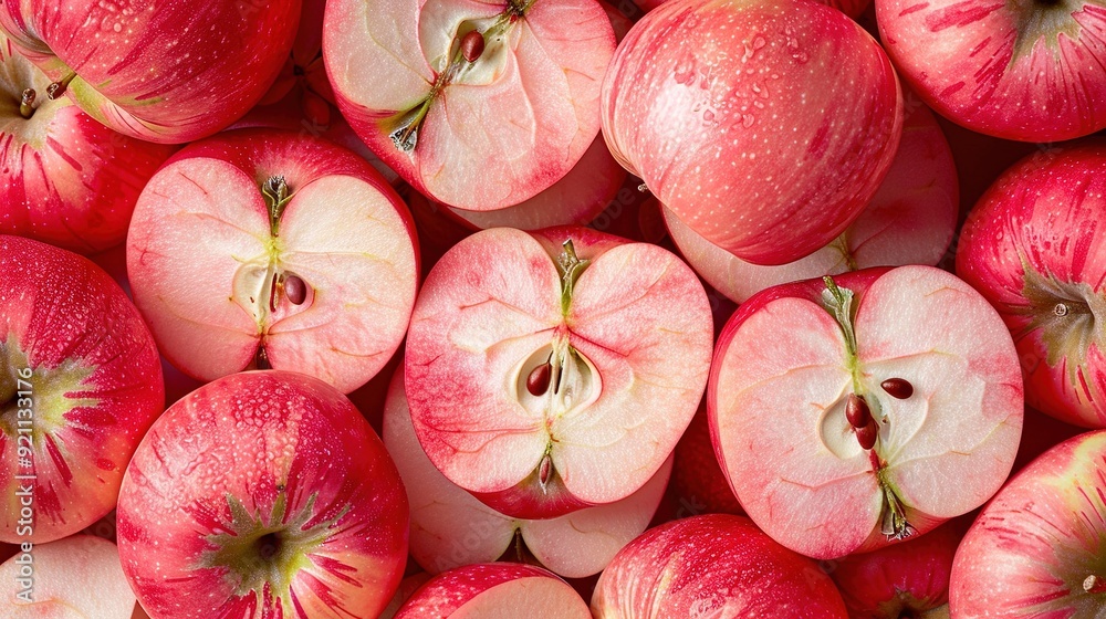 A group of red apples resting beside a collection of other apples A group of red apples resting beside a collection of other apples