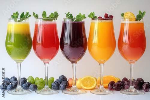 vibrant array of fruit juices in elegant glasses rainbow colors refreshing appearance artistic arrangement pure white background enticing presentation