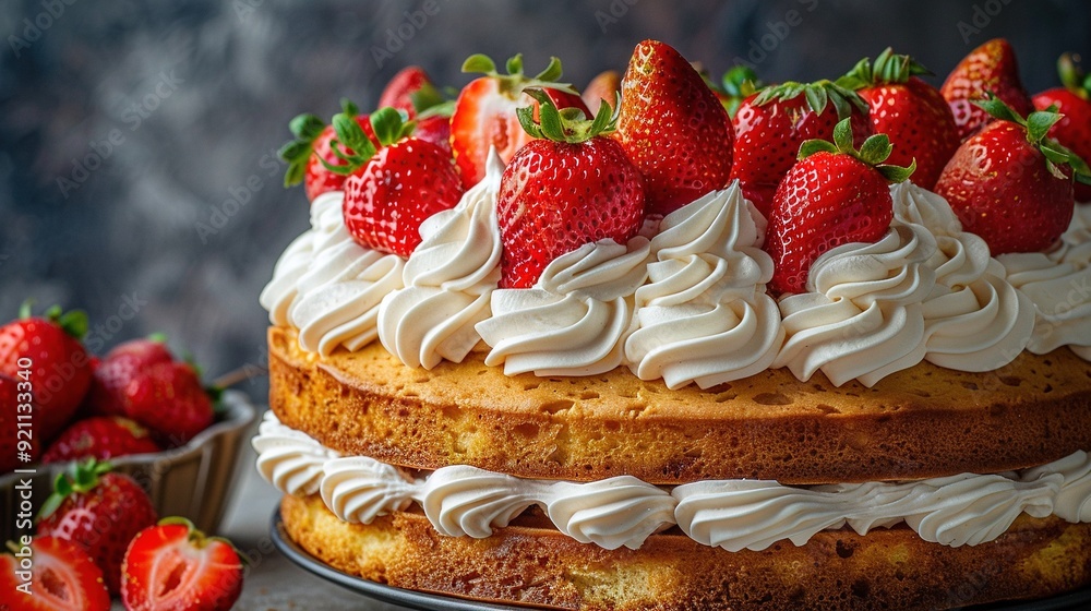 A cake with whipped cream and strawberries on a plate beside a bowl of fresh berries A cake with whipped cream and strawberries on a plate beside a bowl of fresh berries