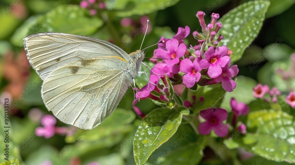 A white butterfly rests on a purple flower, surrounded by green foliage and pink blossoms in the background A white butterfly rests on a purple flower, surrounded by green foliage and pink blossoms in the background