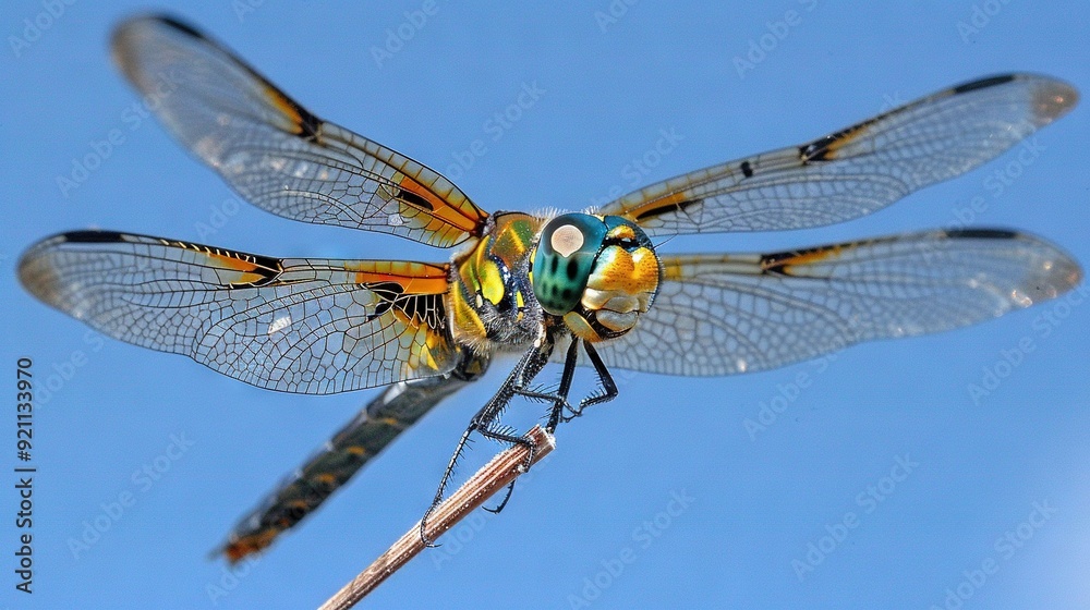 A close-up photo of a dragonfly perched on a twig against a deep blue sky A close-up photo of a dragonfly perched on a twig against a deep blue sky