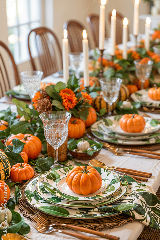 Fall autumn themed dinner table setting, professional catering, dining, tablescape Fall autumn themed dinner table setting, professional catering, dining, tablescape