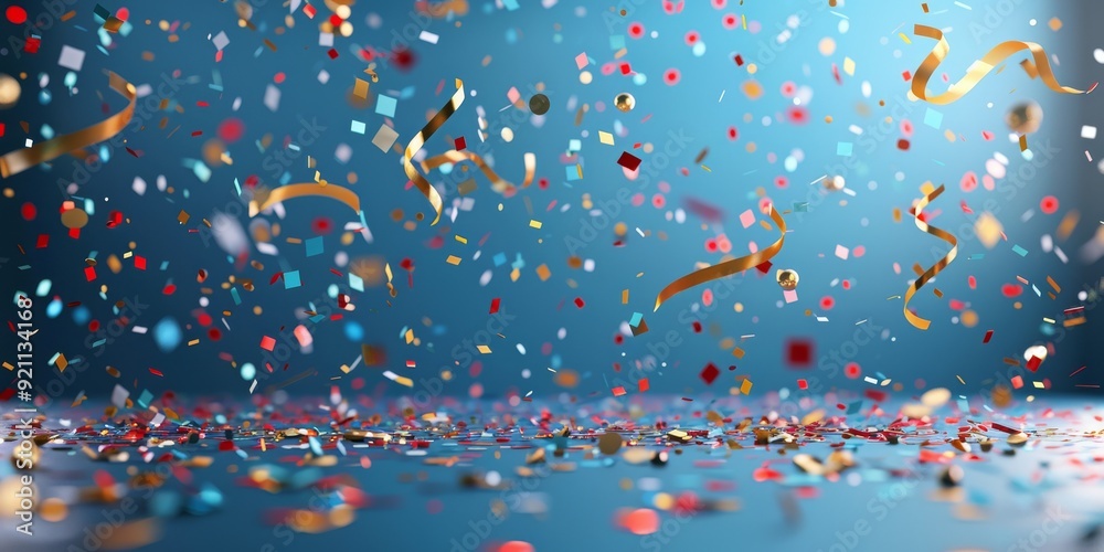 Vibrant celebration scene with colorful confetti and ribbons falling against a bright blue background, perfect for festive occasions. Vibrant celebration scene with colorful confetti and ribbons falling against a bright blue background, perfect for festive occasions.