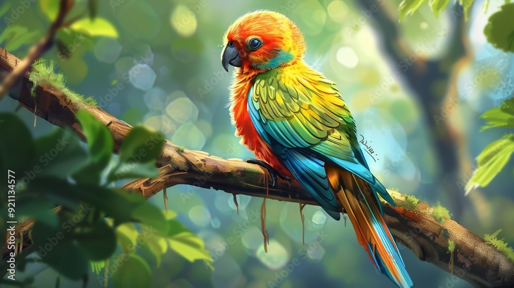Colorful Bird Perched on Branch in Lush Green Forest Colorful Bird Perched on Branch in Lush Green Forest