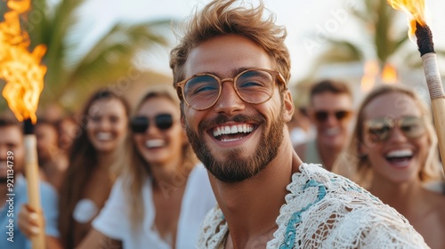 A joyful man wearing glasses and holding a torch enjoys a tropical night party with a group of cheerful friends, capturing the essence of nighttime celebration.