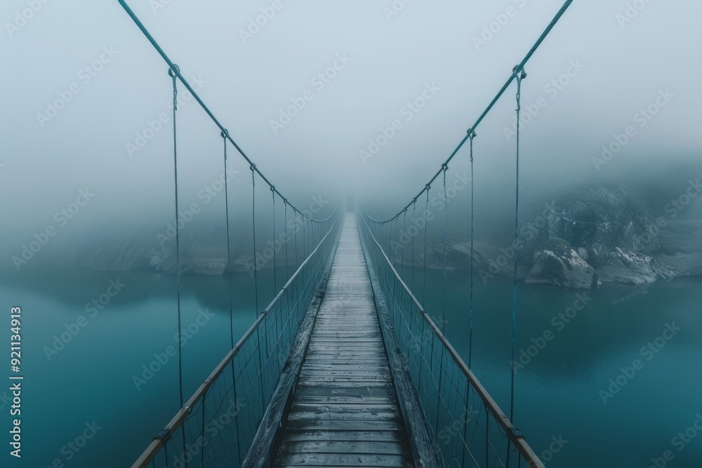 Obraz premium A serene bridge shrouded in fog, creating a mysterious and tranquil atmosphere in the landscape, A bridge disappearing into the fog AI generated