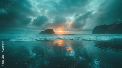   A vast expanse of water encompasses a lone rock at its center, while a sky adorned with clouds completes the serene scene
