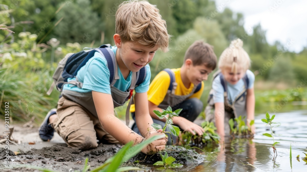 Three children, each holding a young plant, are engaged in planting activities near a water body, emphasizing the themes of nature, nurturing, and environmental stewardship. Three children, each holding a young plant, are engaged in planting activities near a water body, emphasizing the themes of nature, nurturing, and environmental stewardship.