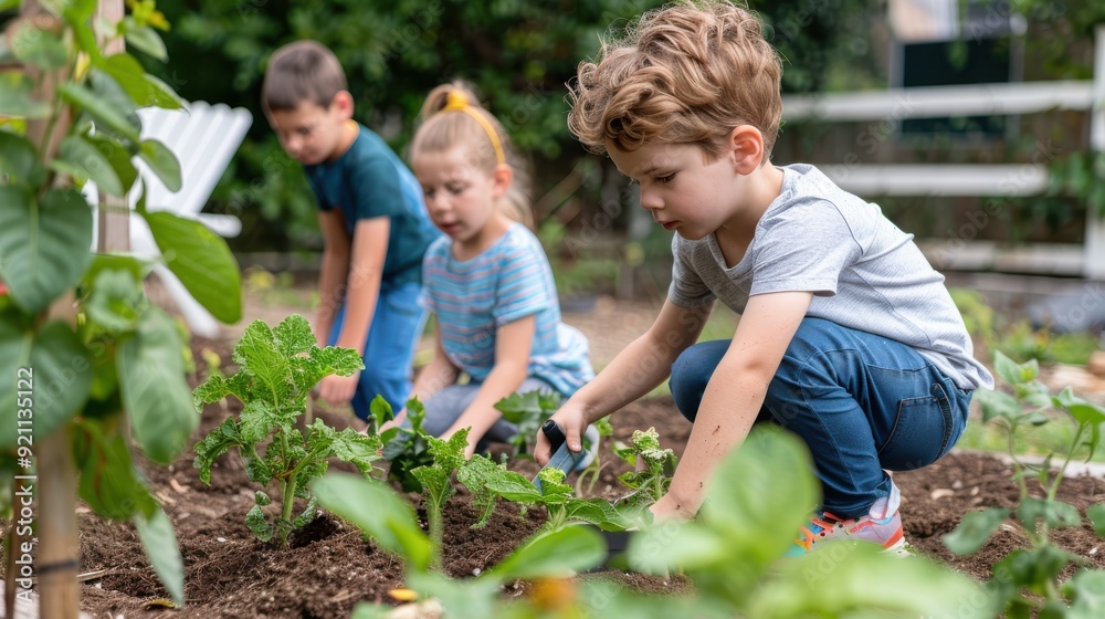 Three children are actively gardening outside, working close to the ground among growing plants. They are focused and engaged in taking care of their garden. Three children are actively gardening outside, working close to the ground among growing plants. They are focused and engaged in taking care of their garden.