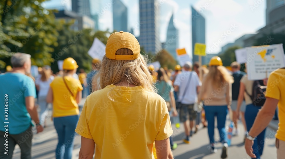A woman in yellow is leading a peaceful protest march in a city, surrounded by others holding signs, with modern skyscrapers visible in the background of the urban setting. A woman in yellow is leading a peaceful protest march in a city, surrounded by others holding signs, with modern skyscrapers visible in the background of the urban setting.