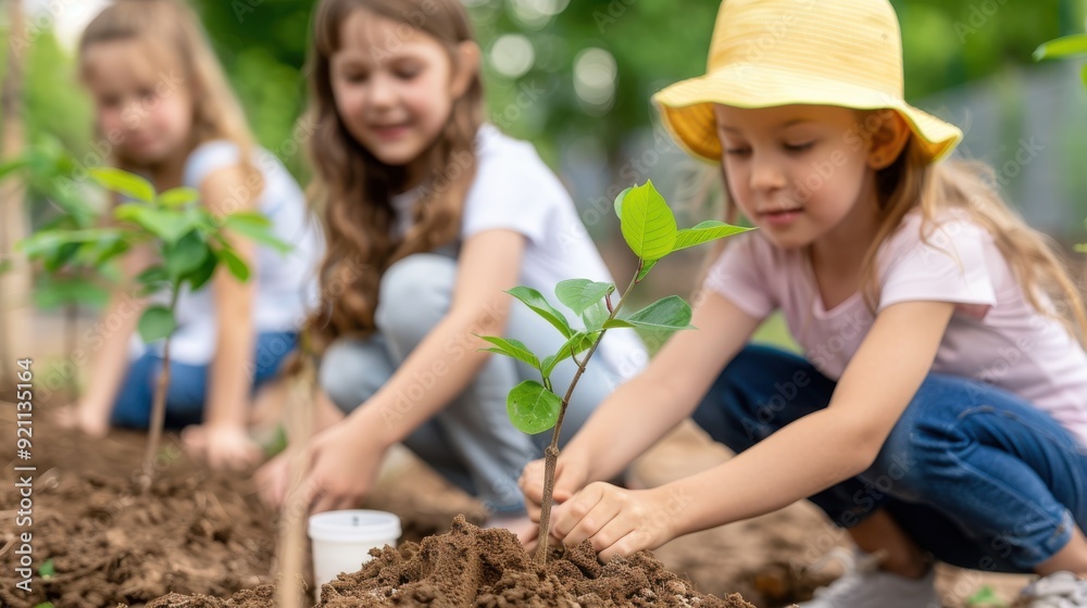 Three young children are planting seedlings in the garden, showing their involvement in environmental care and hands-on learning about nature and sustainability. Three young children are planting seedlings in the garden, showing their involvement in environmental care and hands-on learning about nature and sustainability.