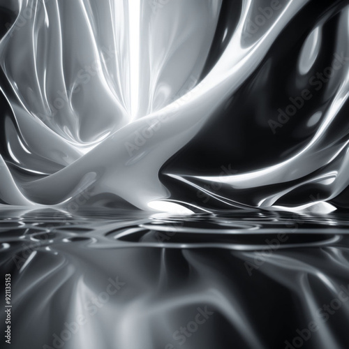 Silver liquid creating a wave pattern and shining a bright white light, 3D rendering, high-resolution
