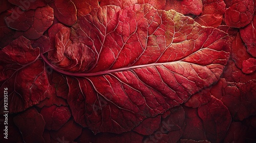   A close-up of a crimson foliage with a slender scarlet streak at its tip photo