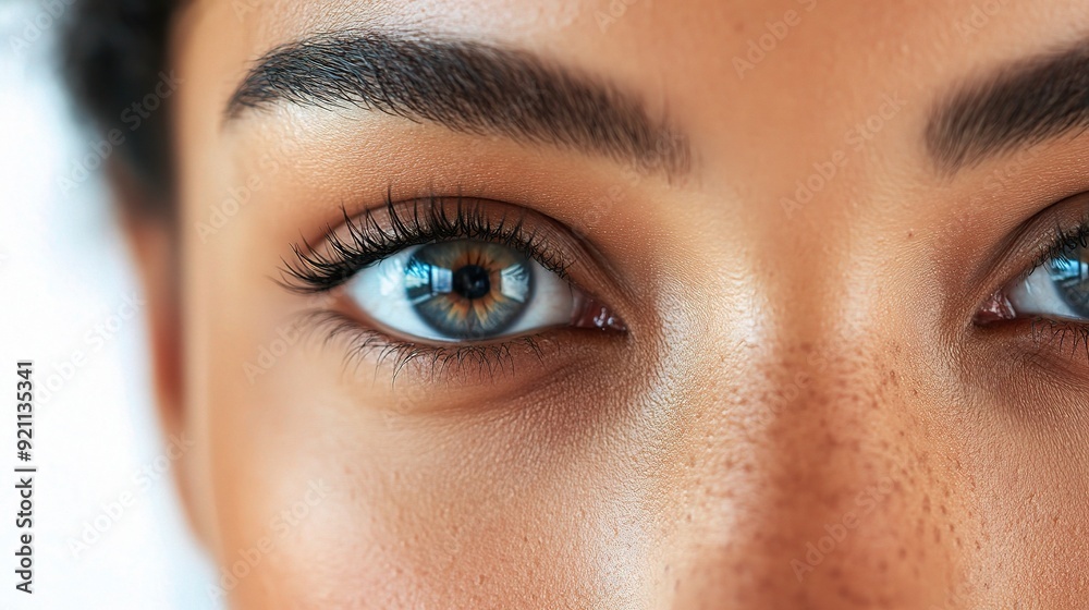 Intriguing Gaze: Close-up of captivating blue eyes with long lashes and subtle freckles. A captivating portrait for beauty, fashion, and personal branding. Intriguing Gaze: Close-up of captivating blue eyes with long lashes and subtle freckles. A captivating portrait for beauty, fashion, and personal branding.