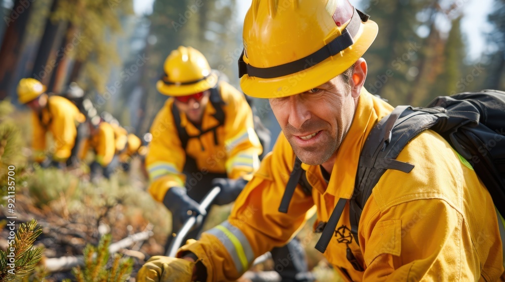 A line of firefighters in yellow uniforms diligently work together to cut through a forest, possibly creating firebreaks, showcasing teamwork and persistence. A line of firefighters in yellow uniforms diligently work together to cut through a forest, possibly creating firebreaks, showcasing teamwork and persistence.