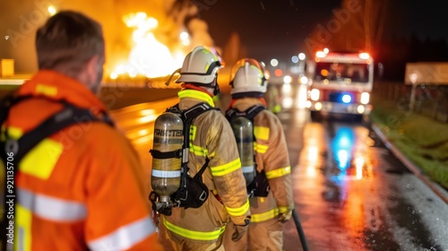 Firefighters are seen responding to a large fire at night, with a fire truck parked nearby and flames visible in the background, highlighting their bravery and dedication.