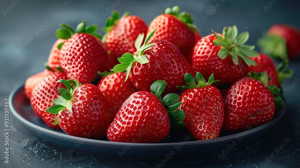 A zoomed-in photo of a strawberry dish with green foliage on one of the berries A zoomed-in photo of a strawberry dish with green foliage on one of the berries