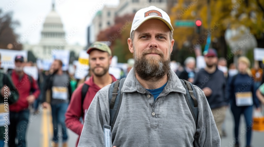 A man wearing a cap and holding a sign stands amidst a crowd of demonstrators on a street with the Capitol building in the background, representing civic engagement and activism. A man wearing a cap and holding a sign stands amidst a crowd of demonstrators on a street with the Capitol building in the background, representing civic engagement and activism.