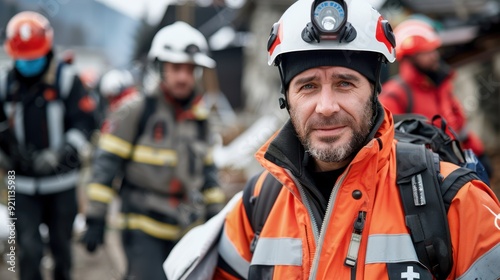 A rescue team member in full gear, including a helmet with a light, poses with a serious expression, ready for action in a disaster site, exemplifying dedication and bravery.