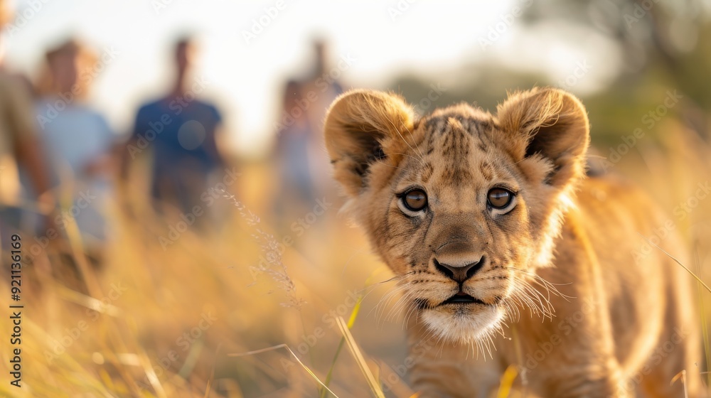 A baby lion cub is seen exploring a grassy field with people watching in the background, highlighting the curiosity and innocence of young wildlife in its natural setting. A baby lion cub is seen exploring a grassy field with people watching in the background, highlighting the curiosity and innocence of young wildlife in its natural setting.