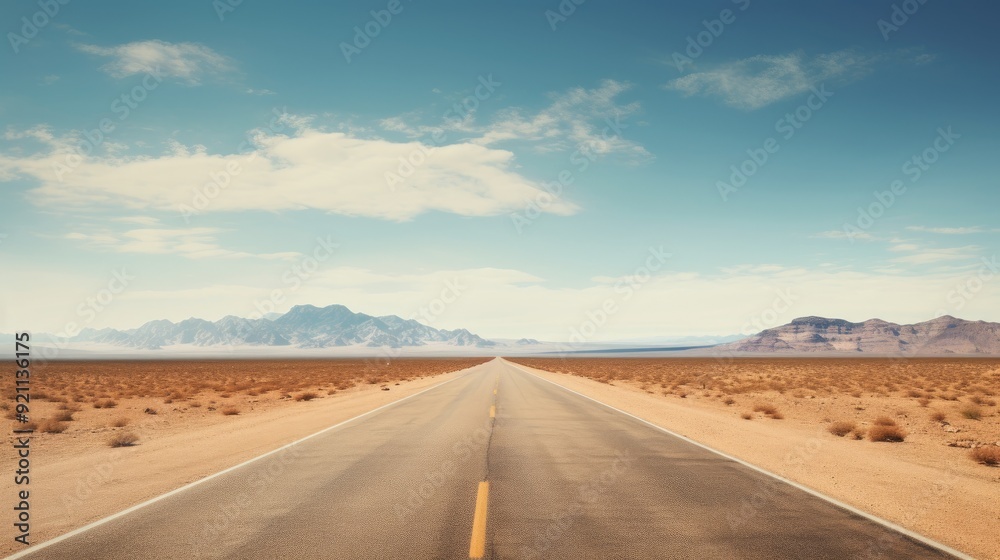 A long road stretching through a desert landscape under a clear blue sky. A long road stretching through a desert landscape under a clear blue sky.