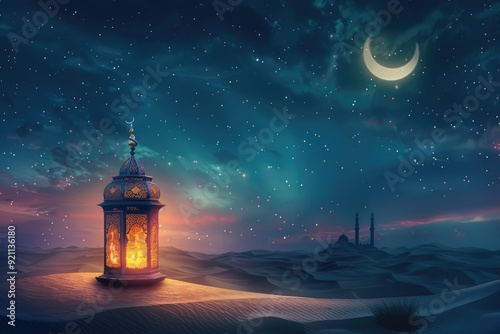 Lantern Shining in Moonlit Desert, Illuminating Sand Dunes and Starry Sky During Ramadan Nights, Eid Mubarak Background