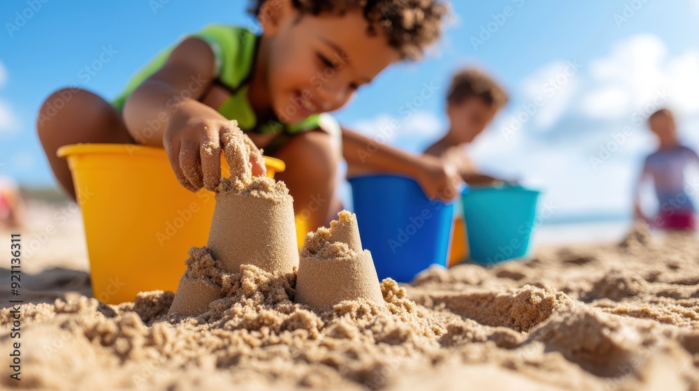 Children engage in building sandcastles using colorful buckets on a sunny beach. The warm atmosphere and bright sand enhance the playful and joyous nature of the scene.