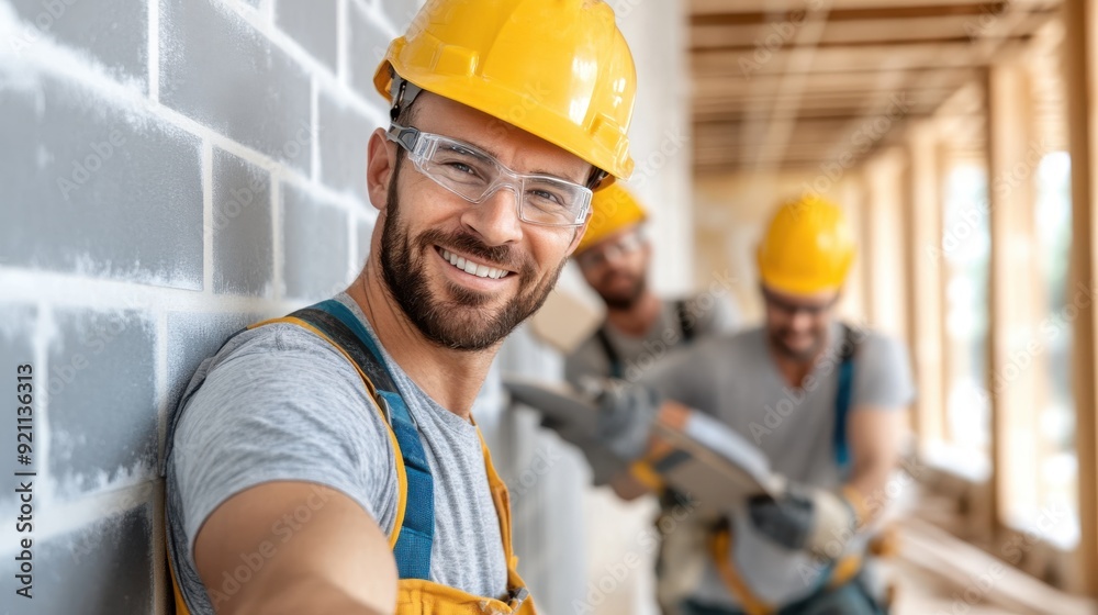 A cheerful construction worker wearing a yellow hard hat and safety glasses, leaning against a brick wall in a building under construction. Other workers are visible, busy with tasks. A cheerful construction worker wearing a yellow hard hat and safety glasses, leaning against a brick wall in a building under construction. Other workers are visible, busy with tasks.