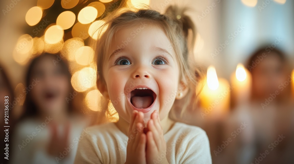 A toddler is seen clapping excitedly in a warm, festive environment, with a backdrop of glowing lights and other children, capturing the essence of pure joy and celebration. A toddler is seen clapping excitedly in a warm, festive environment, with a backdrop of glowing lights and other children, capturing the essence of pure joy and celebration.