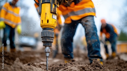 A team of construction workers drill into the soil with heavy equipment, highlighting teamwork, dedication, and the rigorous nature of construction projects. photo