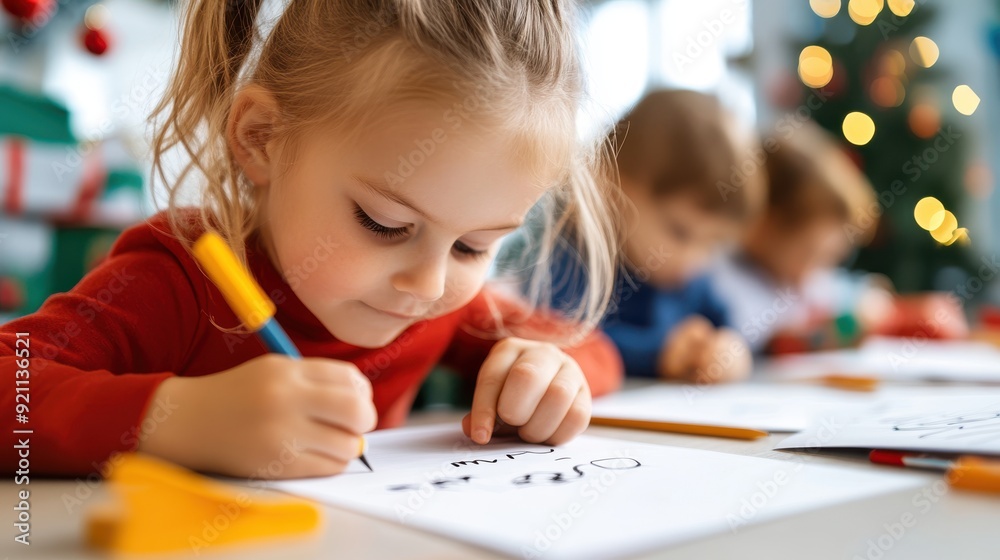 A group of young children are deeply focused on their drawing activities at a table, creating colorful artwork with crayons and pencils, with a Christmas tree visible in the background. A group of young children are deeply focused on their drawing activities at a table, creating colorful artwork with crayons and pencils, with a Christmas tree visible in the background.