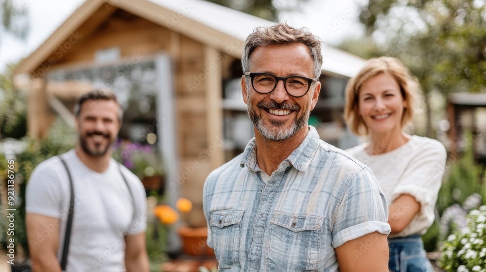 A cheerful family posing in their yard, wearing casual clothes and smiling widely, with a wooden shed in the background and blooming flowers indicating a garden party. A cheerful family posing in their yard, wearing casual clothes and smiling widely, with a wooden shed in the background and blooming flowers indicating a garden party.