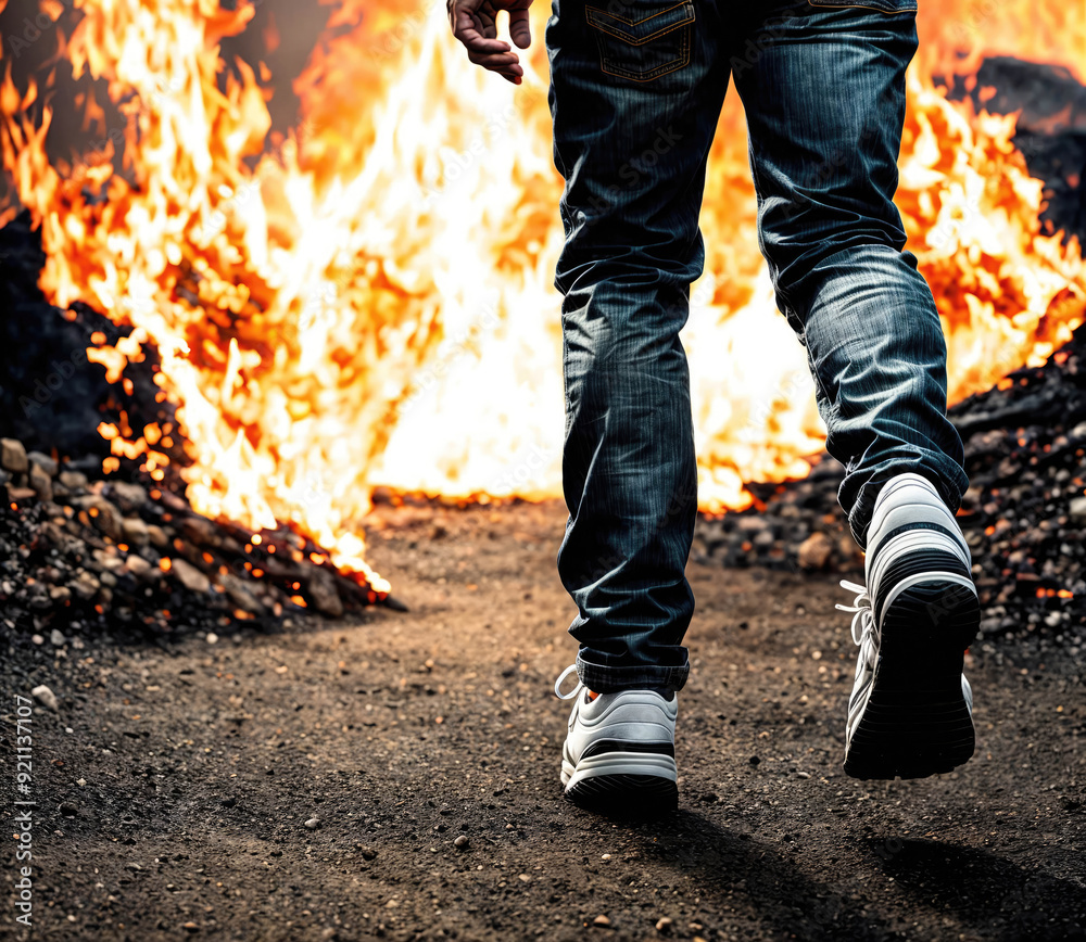 A man is walking through a fire A man is walking through a fire