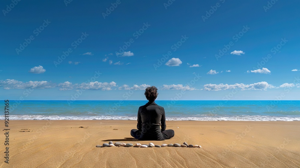 A man relaxes on a sandy beach near the ocean under a clear blue sky with fluffy white clouds above A man relaxes on a sandy beach near the ocean under a clear blue sky with fluffy white clouds above