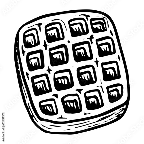 Waffle hand drawn doodle. Soft cookie. Baked biscuit. Sweet dessert food. Confectionery sugar pastry. Bakery product. Vector outline line art illustration.
