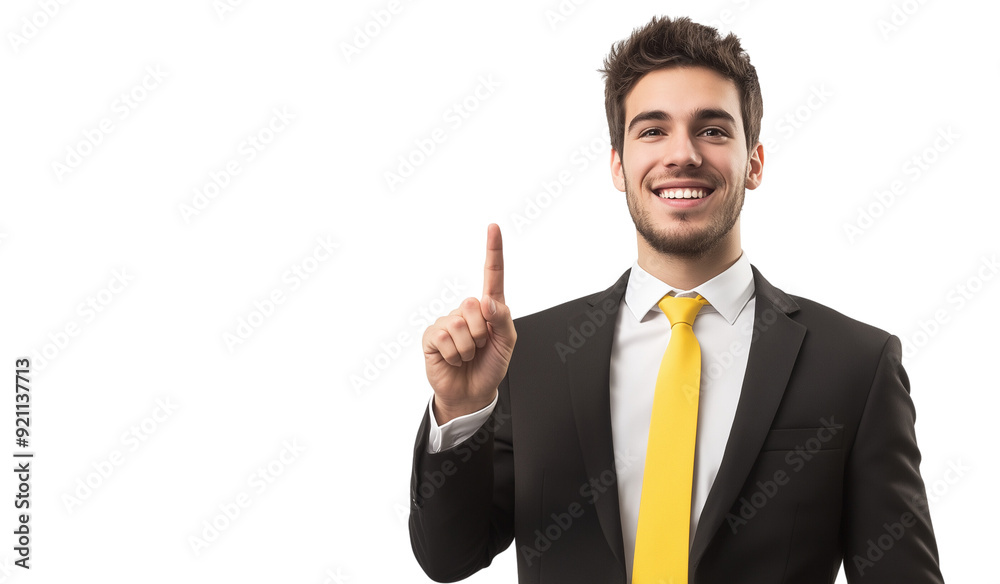 Young businessman in a suit raises his index finger. Expresses the meaning of increasing efficiency or effectiveness in business operations as number one. with a confident smile Young businessman in a suit raises his index finger. Expresses the meaning of increasing efficiency or effectiveness in business operations as number one. with a confident smile