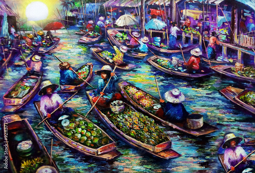 hand drawn art painting oil color floating market dumnoen saduak from thailand	 photo