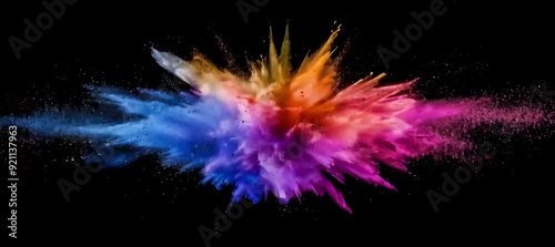 Black background with colorful powder explosion, vibrant colors, motion blur effect, creative concept for festival or holi color party