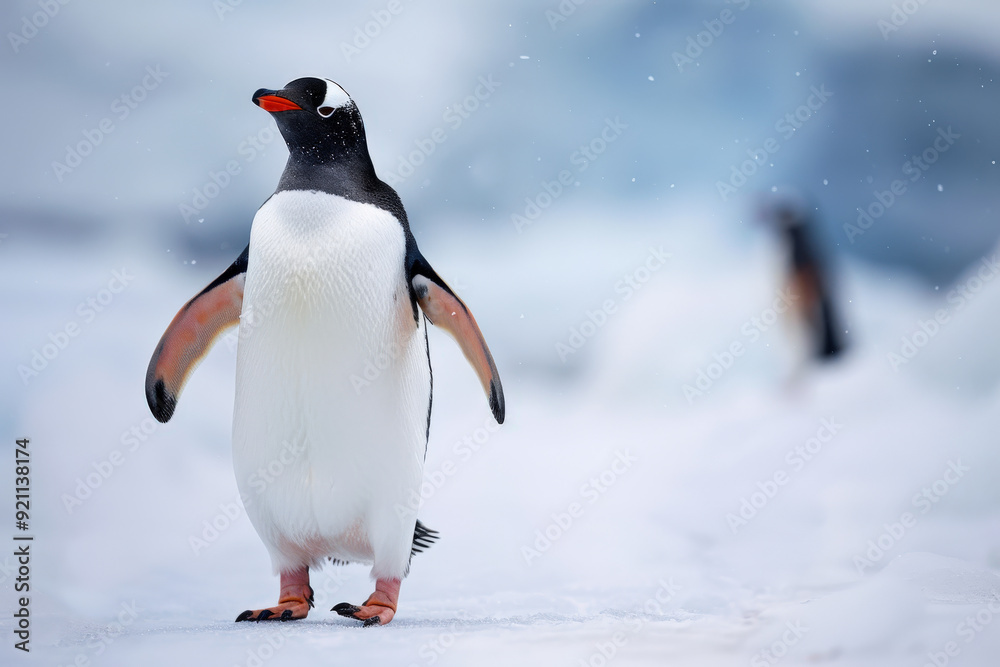 Naklejka premium A penguin standing in a snowy landscape during daytime