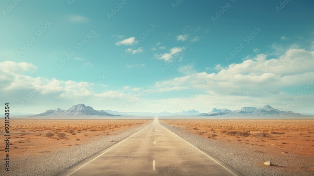 Naklejka premium A long, empty road stretches through a vast desert landscape under a clear blue sky.