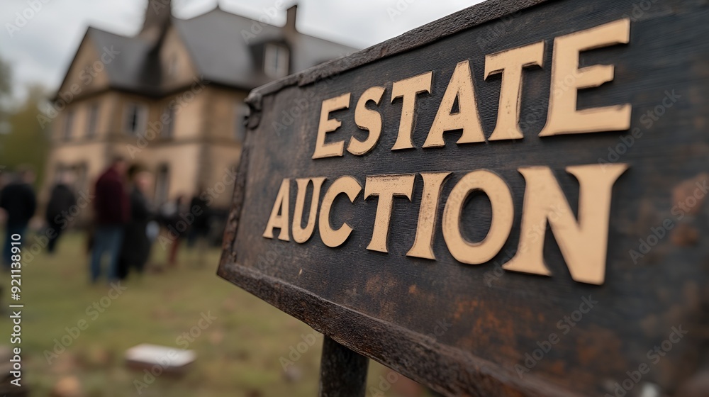 Obraz premium Sign that reads “ESTATE AUCTION” - older home - crowd - estate sale - antiques - yard sale 
