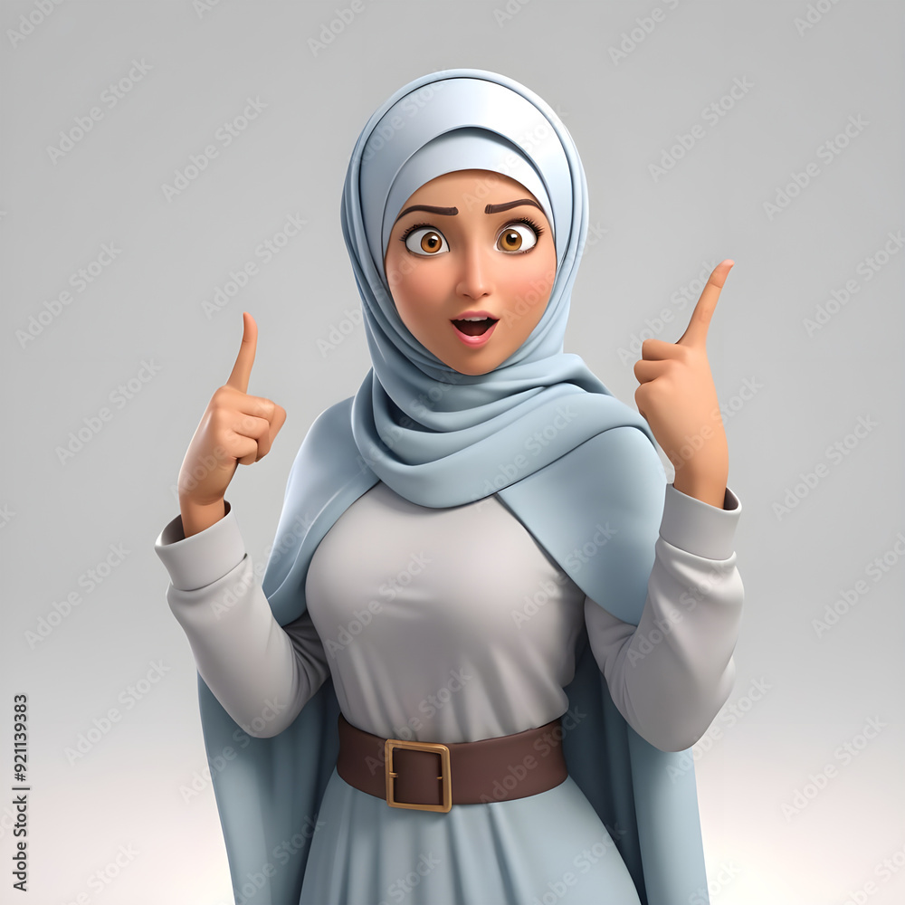 Young hijab moslem woman with a surprised expression and pointing upwards with her hand. 3d cartoon character, light background.