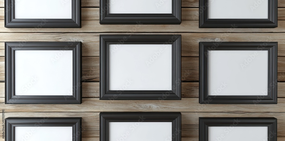 Black Picture Frames on Wooden Wall Black Picture Frames on Wooden Wall