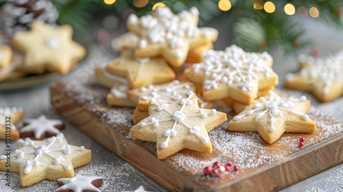  A wooden cutting board with snowflake cutouts sits beside a pile of cookie cutouts on a table