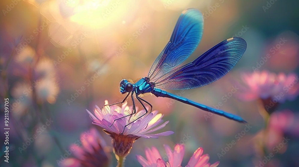 Blue dragonfly on pink flower; Green dragonfly on purple flower Blue dragonfly on pink flower; Green dragonfly on purple flower