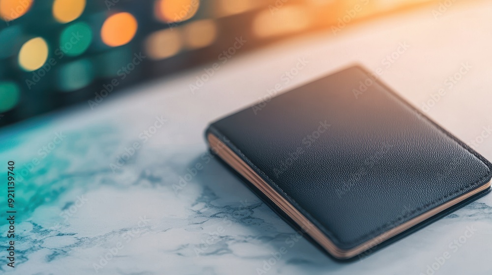 Elegant black wallet resting on a marble surface, showcasing modern design and minimalism in a stylish setting. Elegant black wallet resting on a marble surface, showcasing modern design and minimalism in a stylish setting.
